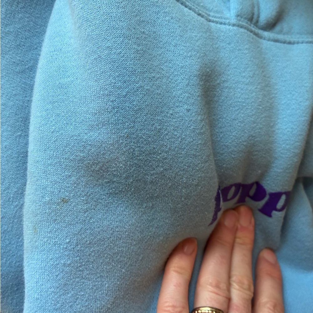 pop soft blue hoodie with red poppi tag - Picture 2 of 4